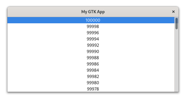 Window with a list of 100 000 integers, starting from 100 000